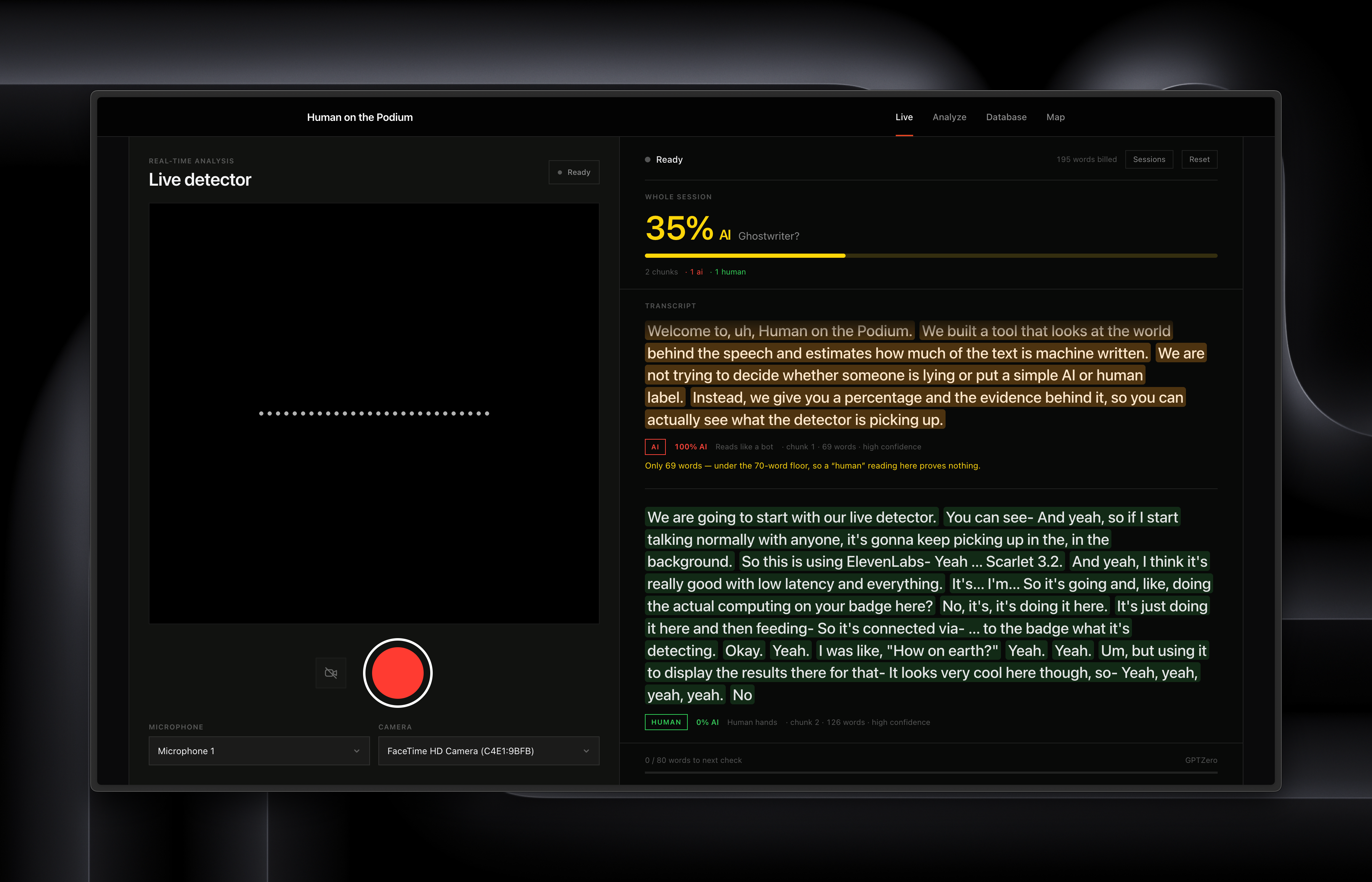 Hero: the Live detector's sentence heatmap, next to the hardware badge